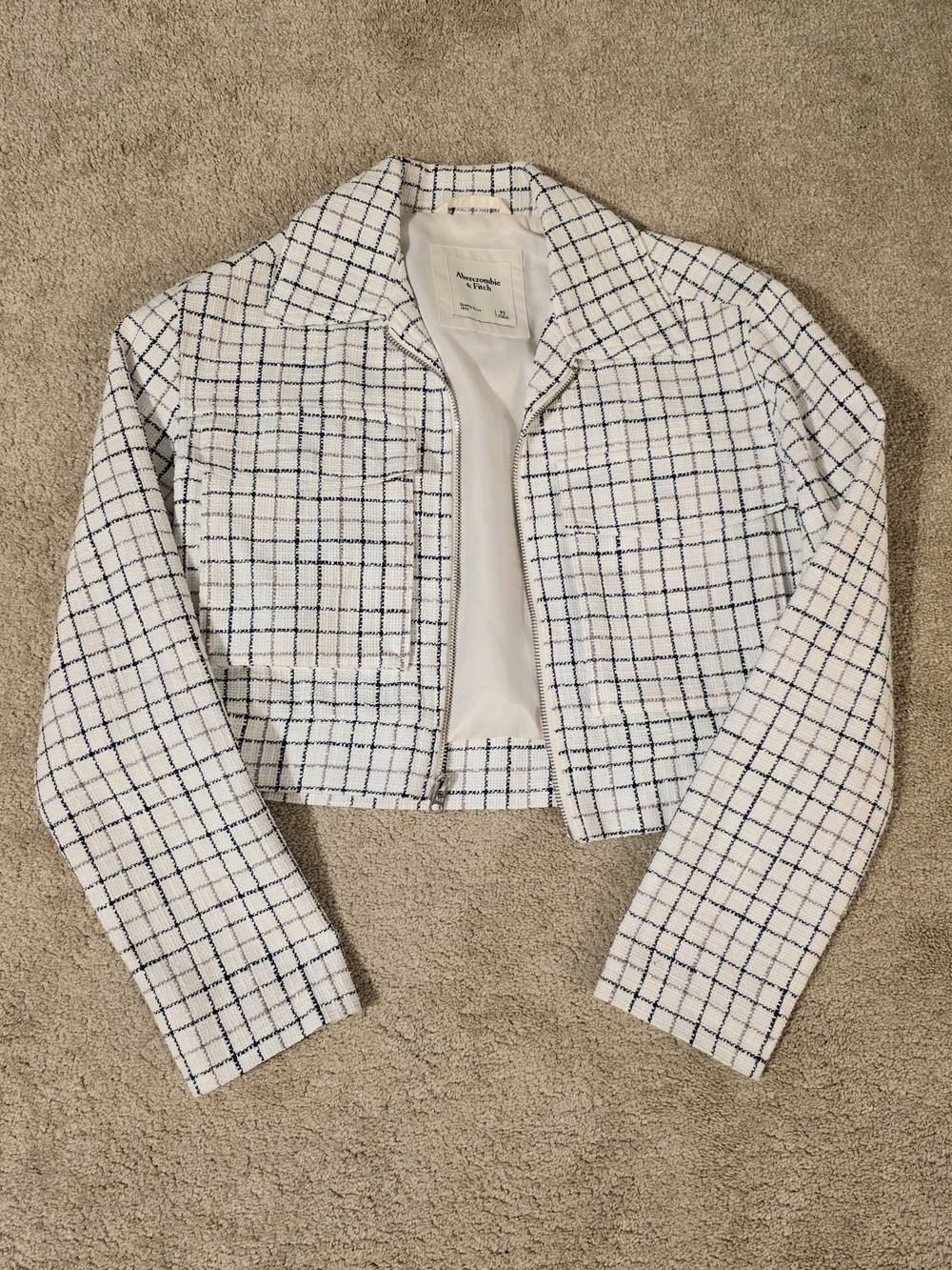 Abercrombie & Fitch White Tweed Zip-Front Windowpane Jacket